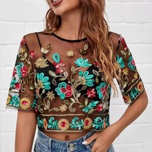 SHEIN Black Sheer Mesh Top with Colorful Floral Embroidery